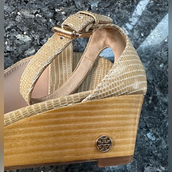 Tory Burch Brown Beige Ankle Strap Open Toe Wedges Women’s Size 9.5 - Picture 5 of 12